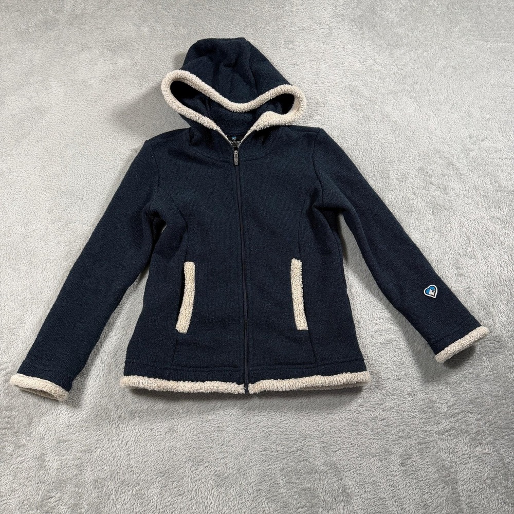 Kuhl Apres Jacket Girls XS 5-6 Blue Hooded Sherpa Lined‎ Full Zip Knit Winter